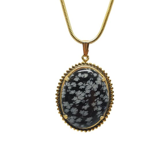 Gold Tone Snake Chain Necklace With Oval Snowflake Obsidian Pendant Vintage - Picture 1 of 5